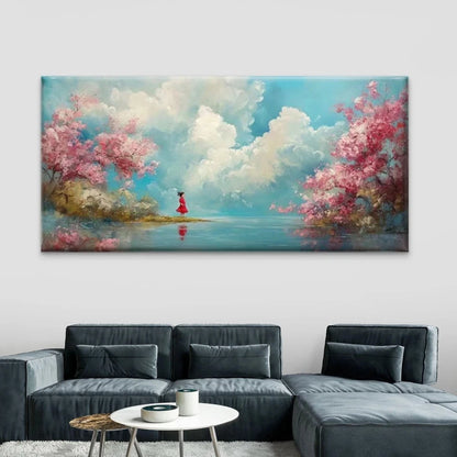 River Landscape with Pink Petal Wall Art Canvas Office Home Room Framed 120x60cm