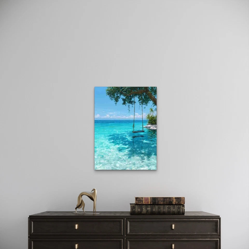 Turquoise Ocean Seascape with Hanging Swing Metal Print Ready to Hang