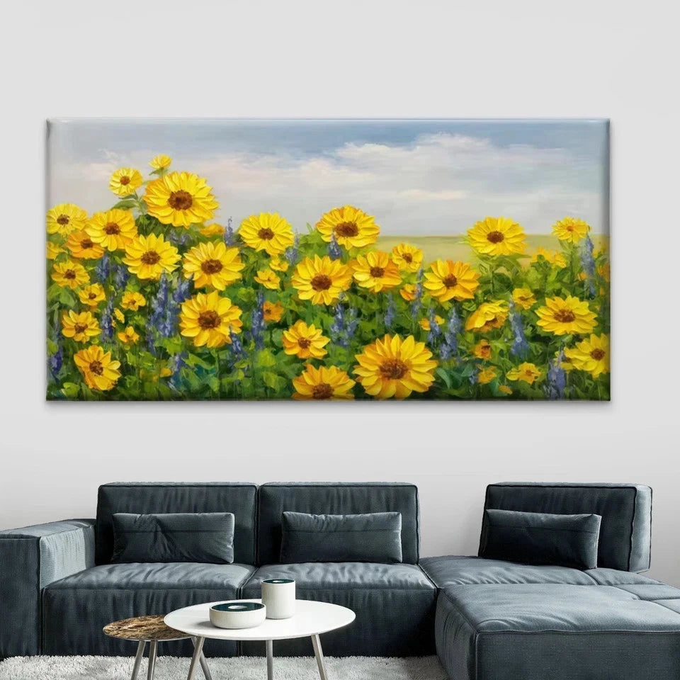 Bright Yellow Sunflower Field Wall Art Canvas Office Home Room Framed 120x60cm