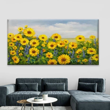 Bright Yellow Sunflower Field Wall Art Canvas Office Home Room Framed 120x60cm