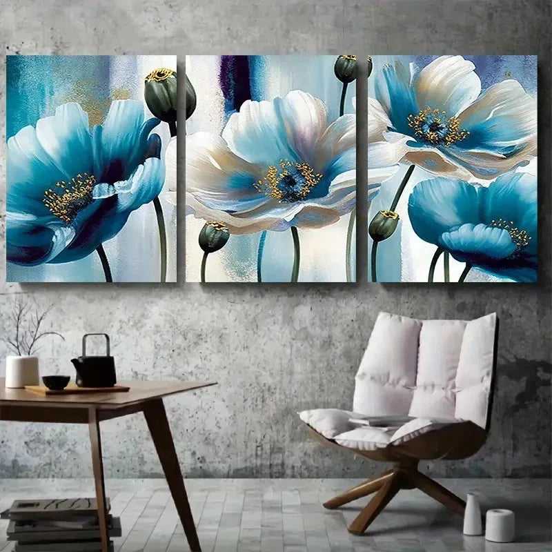 3pcs Blue White Poppy Botanical Floral Wall Art Set Canvas Framed 60x90cm - High Quality Print 100% Australian Made Wall Canvas Ready to Hang - Bella Home Decor