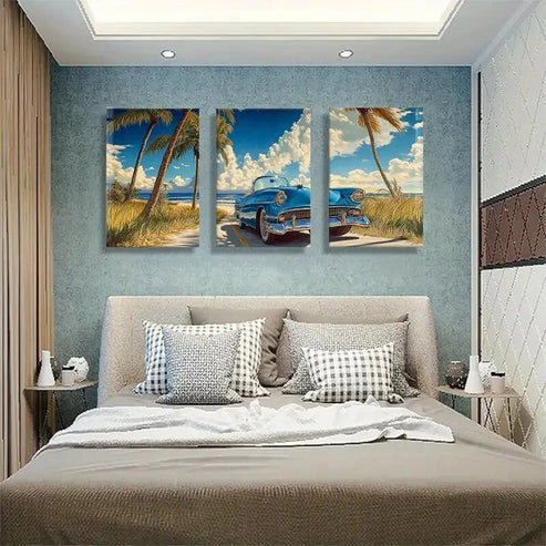 3pcs Retro Convertible Car Scenic Beach Perfect Wall Art Canvas Unframed – High Quality Print 100% Australian Made Wall Canvas