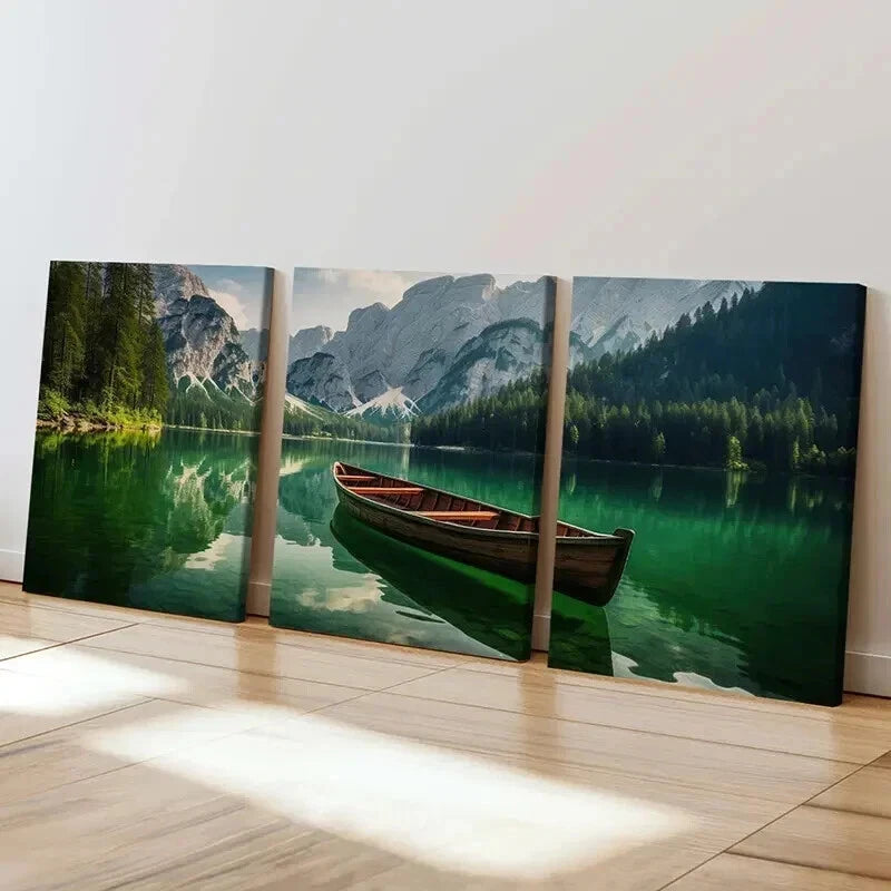 3pcs Green Tranquil Lake Scene with Boat Wall Art Set Canvas Framed 60x90cm - High Quality Print 100% Australian Made Wall Canvas Ready to Hang - Bella Home Decor