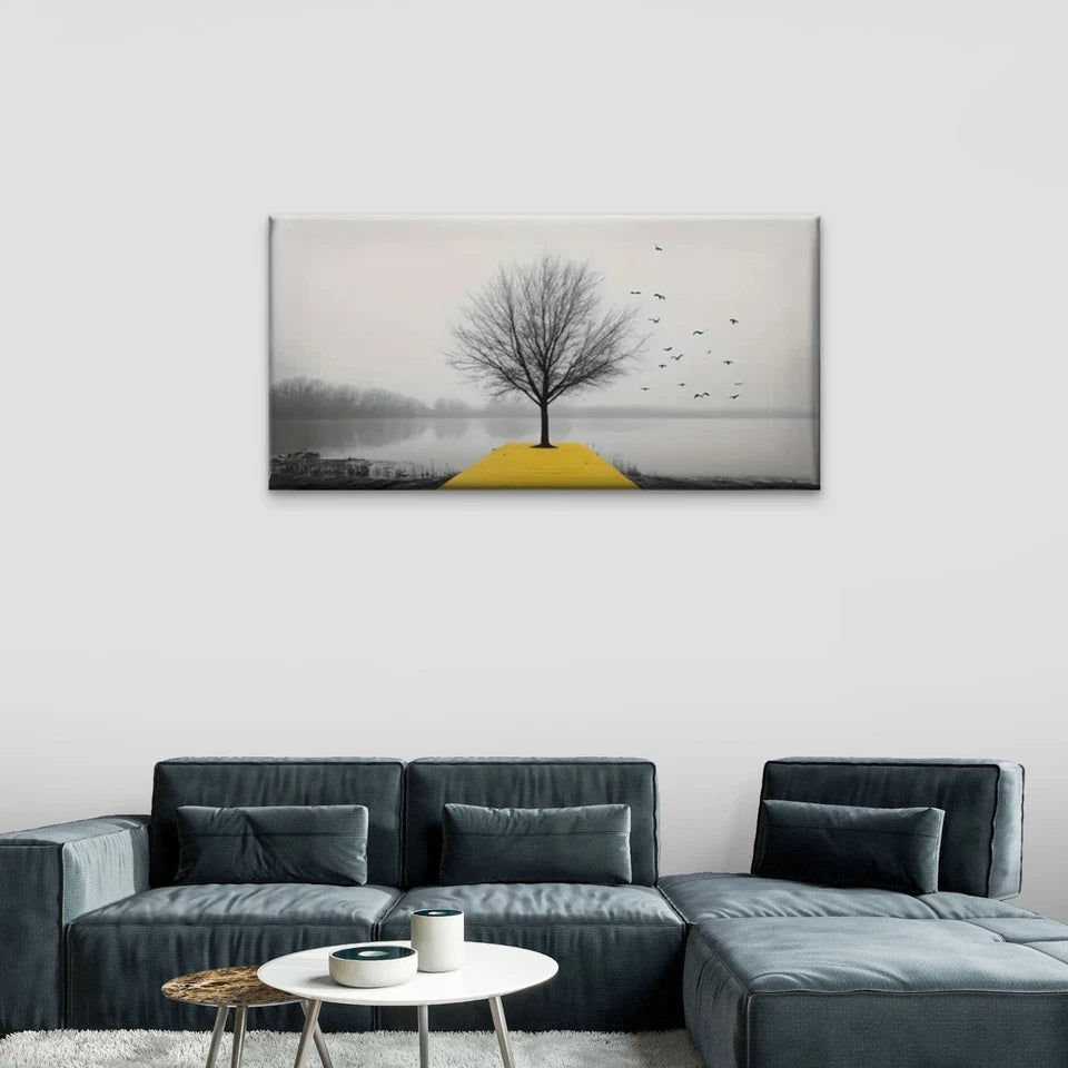 Nature Tree White Grey Wall Art Canvas Office Home Room Framed 120x60cm