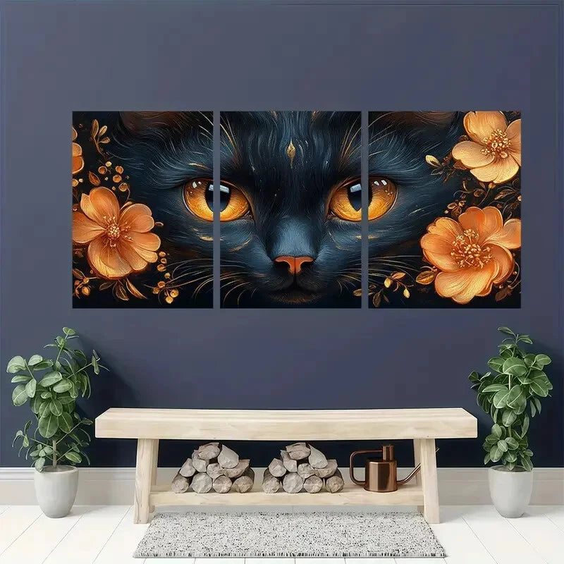 3pcs Whimsical Fat Cat Golden Ornate Metal Print Ready to Hang Art - Bella Home Decor