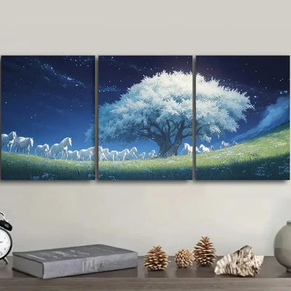 3pcs Night Sky with Tree & Herd of Horses Wall Art Set Canvas Framed 50x70cm - High Quality Print 100% Australian Made Wall Canvas Ready to Hang