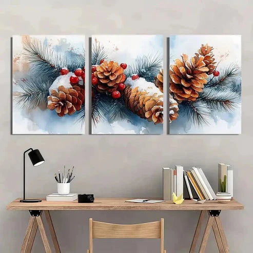 3pcs Snowy Pine Cones & Berries Decorations Wall Art Canvas Unframed - High Quality Print 100% Australian Made Wall Canvas
