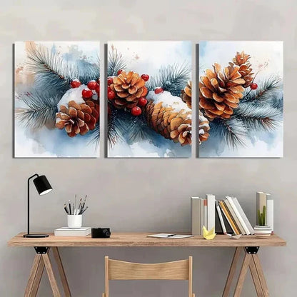 3pcs Snowy Pine Cones & Berries Decorations Wall Art Canvas Unframed - High Quality Print 100% Australian Made Wall Canvas