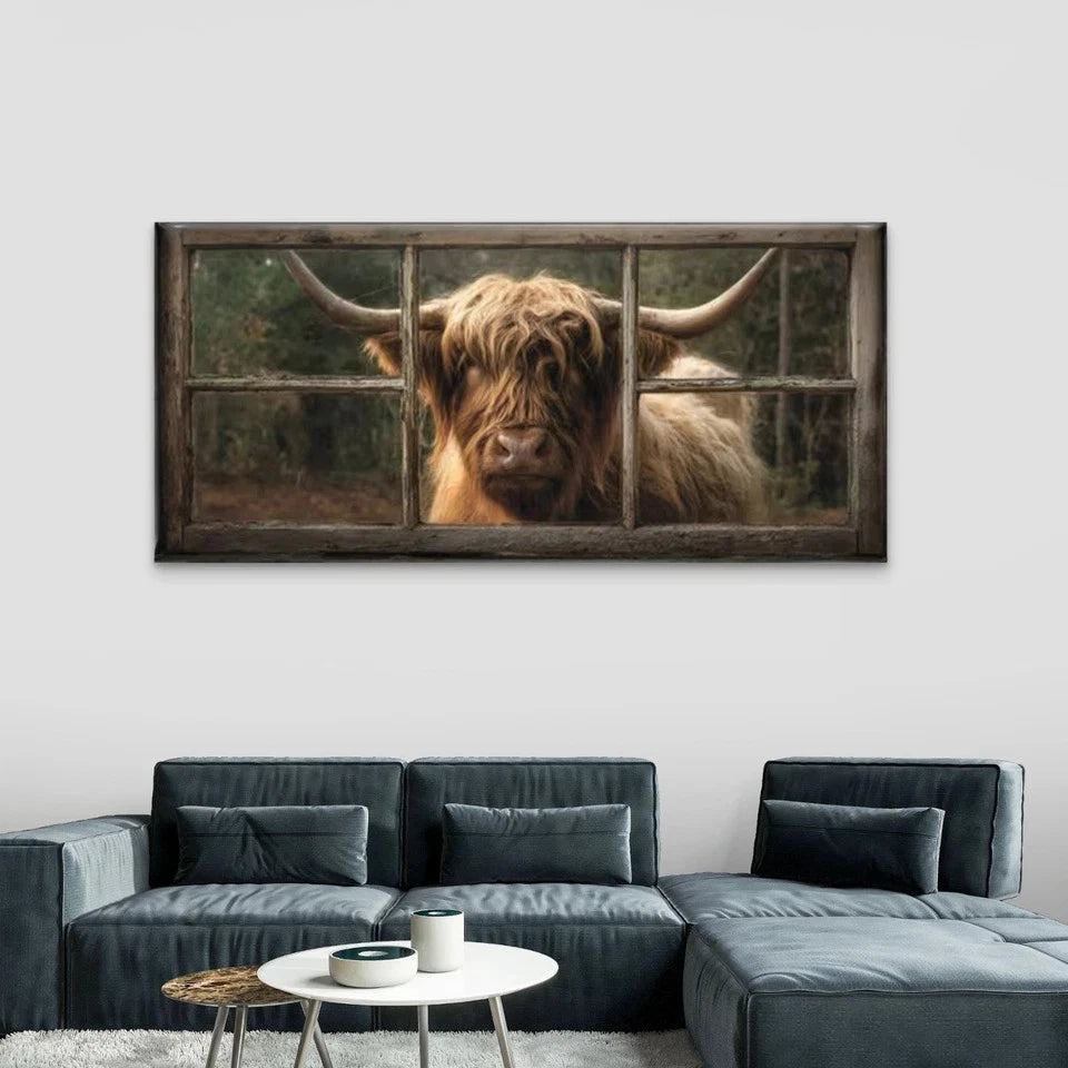 Highland Cow Scottish Cow Wall Art Canvas Office Home Room Framed 120x60cm