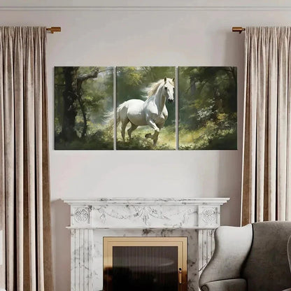 3pcs Showcasing a White Horse in The Forest Wall Art Set Canvas Framed 60x90cm - High Quality Print 100% Australian Made Wall Canvas Ready to Hang
