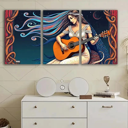 3pcs Woman Playing Guitar Cosmic Design Wall Art Set Canvas Framed 60x90cm - High Quality Print 100% Australian Made Wall Canvas Ready to Hang