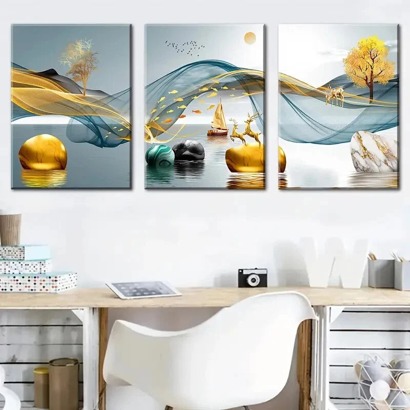 3pcs Abstract Animal Geometric Lines Metal Print Ready to Hang Art - Bella Home Decor