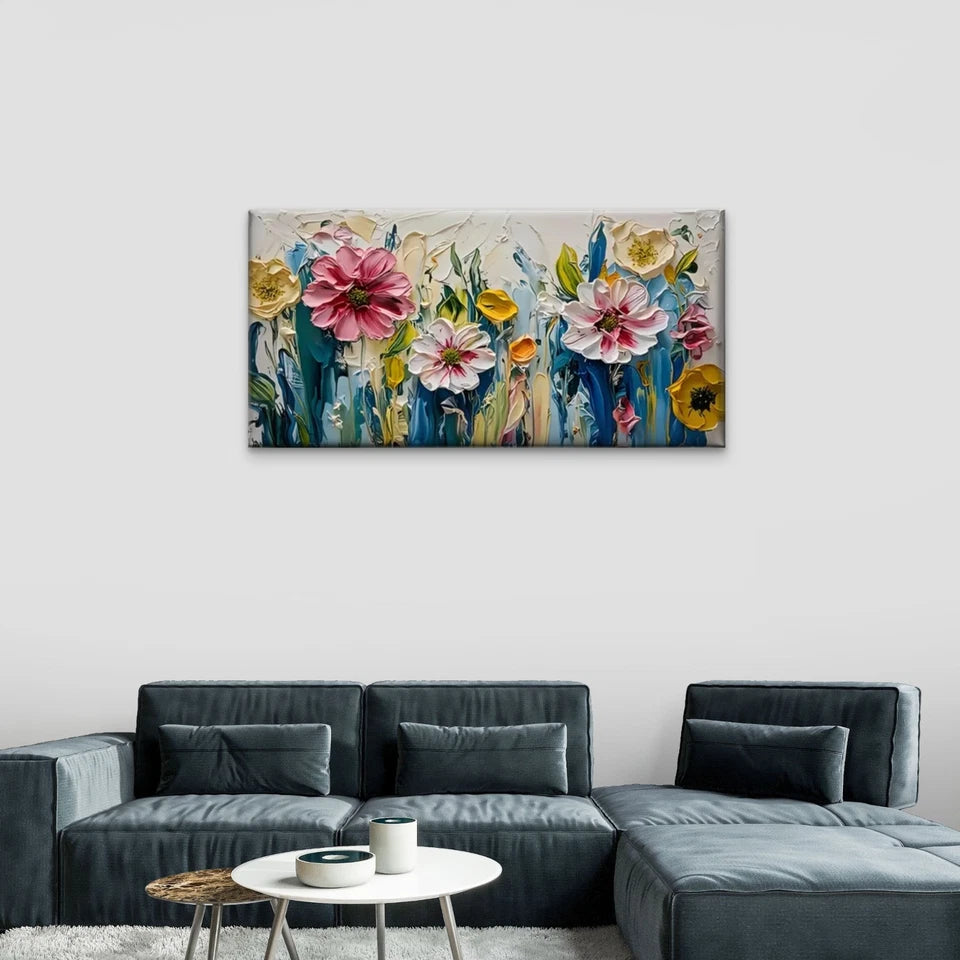 Flowers Abstract Colors White Wall Art Canvas Office Home Room Framed 120x60cm