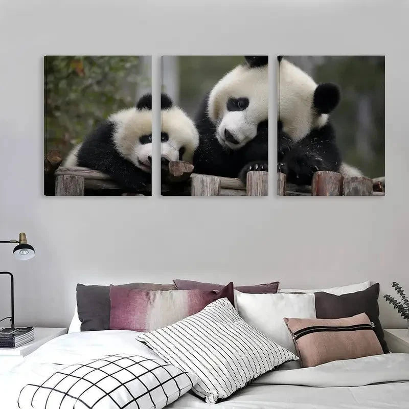 3pcs A Mother Panda and Her Cub Play   Wall Art Set Canvas Framed 60x90cm - High Quality Print 100% Australian Made Wall Canvas Ready to Hang - Bella Home Decor