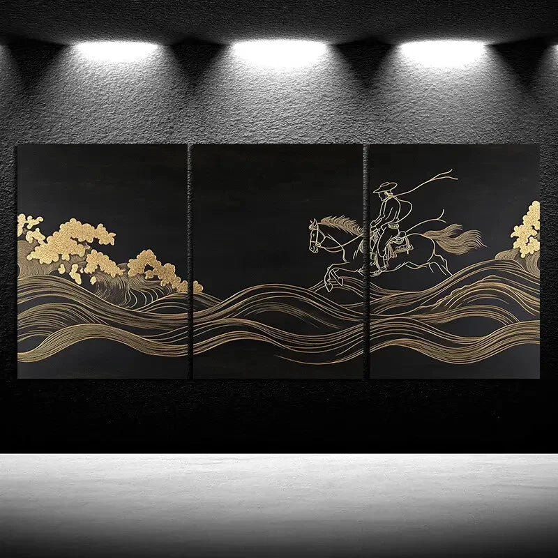 3pcs Man Riding a Horse Black & Golden Metal Print Ready to Hang Art - Bella Home Decor
