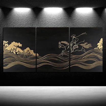 3pcs Man Riding a Horse Black & Golden Metal Print Ready to Hang Art - Bella Home Decor