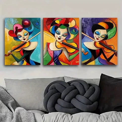 3 PCS Colorful And Lively Abstract Violinist Wall Art Set Canvas Unframed - High Quality Print 100% Australian Made Wall Canvas