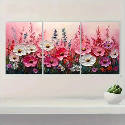 3pcs Pink Meadow Wildflowers with White HK  Wall Art Set Canvas Framed 50x70cm - High Quality Print 100% Australian Made Wall Canvas Ready to Hang