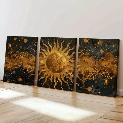 3pcs Golden Sun & Celestial Retro Space Design Wall Art Canvas Unframed - High Quality Print 100% Australian Made Wall Canvas - Bella Home Decor