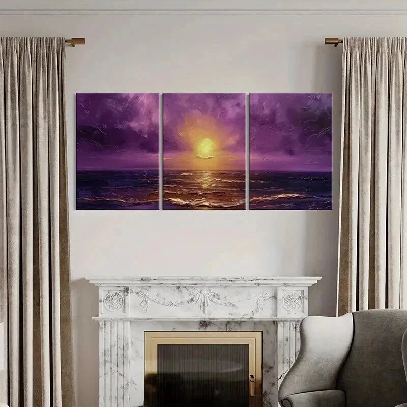 3pcs Sunset Over The Sea Purple Sky Golden Sun Wall Art Set Canvas Framed 60x90cm - High Quality Print 100% Australian Made Wall Canvas Ready to Hang - Bella Home Decor