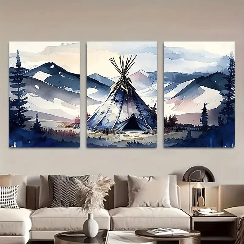 3pcs Blue Mountain Native Tip Modern & Rustic Metal Print Ready to Hang Art - Bella Home Decor