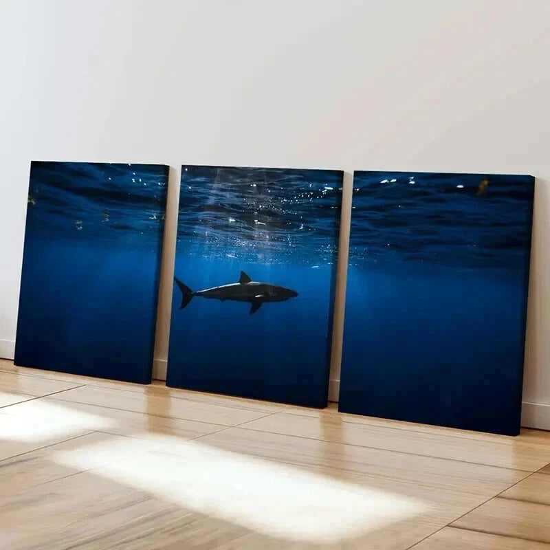 3pcs Sea Life Scene with Realistic Shark Wall Art Set Canvas Framed 60x90cm - High Quality Print 100% Australian Made Wall Canvas Ready to Hang - Bella Home Decor