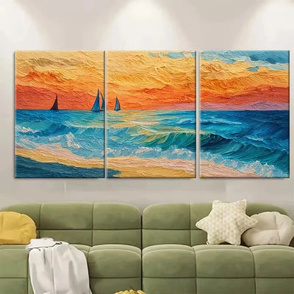 3pcs Sunset Over The Ocean Wall Art Set Canvas Framed 50x70cm – High Quality Print 100% Australian Made Wall Canvas Ready to Hang