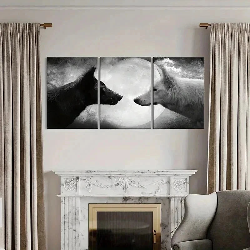 3pcs Black & White Two Wolves Under The Moon Wall Art Set Canvas Framed 60x90cm - High Quality Print 100% Australian Made Wall Canvas Ready to Hang - Bella Home Decor