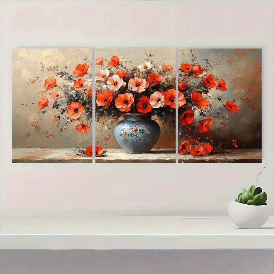 3pcs Abstract Floral And Vase Themed Metal Print Ready to Hang Art - Bella Home Decor