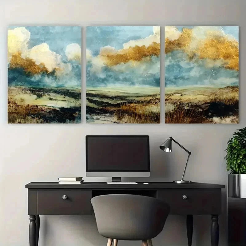 3pcs Golden Clouds Over Grasslands Perfect Wall Art Set Canvas Framed 50x70cm - High Quality Print 100% Australian Made Wall Canvas Ready to Hang - Bella Home Decor