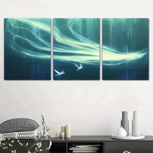 3pcs Blue & Green Swirling Designs with Seagulls Wall Art Set Canvas Unframed - High Quality Print 100% Australian Made Wall Canvas