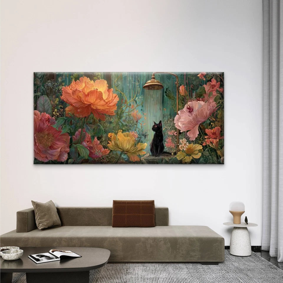 Black Cat in Floral Garden Wall Art Canvas Office Home Room Framed 120x60cm