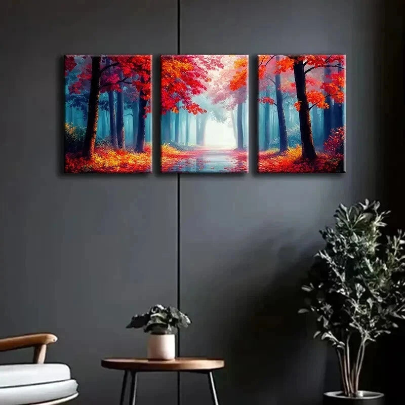 3pcs Autumn Forest Red Nature Beauty Perfect Wall Art Set Canvas Framed 60x90cm - High Quality Print 100% Australian Made Wall Canvas Ready to Hang
