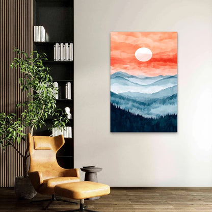 Watercolor Sunset Misty Mountains 60x90cm Metal Print Ready to Hang