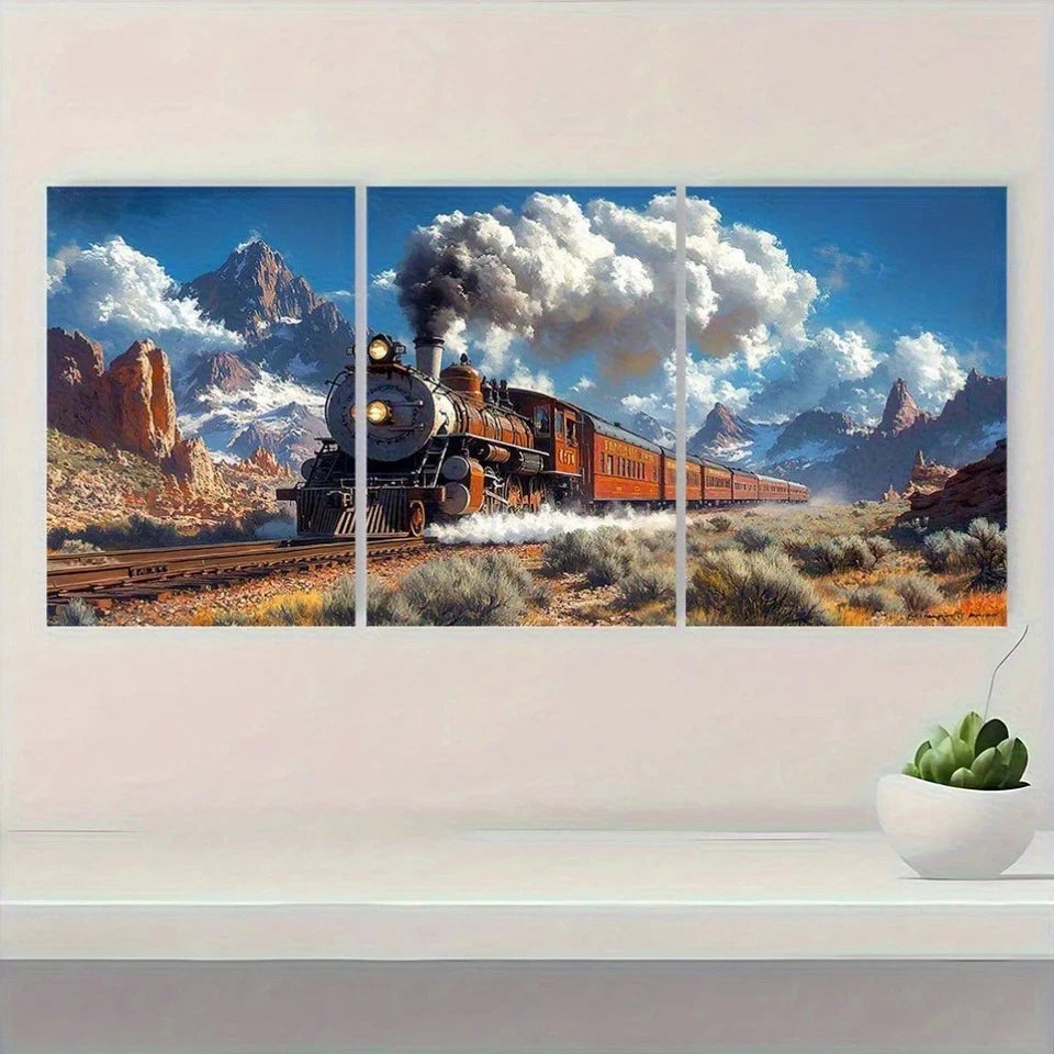 3pcs Train in Mountains Desert Metal Print Ready to Hang Art - Bella Home Decor