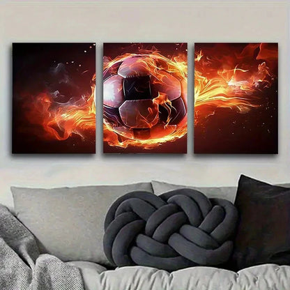 3pcs Fiery Soccer Ball Artwork Wall Art Set Canvas Framed 50x70cm - High Quality Print 100% Australian Made Wall Canvas Ready to Hang