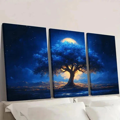 3pcs Blue Tree Landscape with Moonlit Sky Wall Art Set Canvas Unframed - High Quality Print 100% Australian Made Wall Canvas - Bella Home Decor