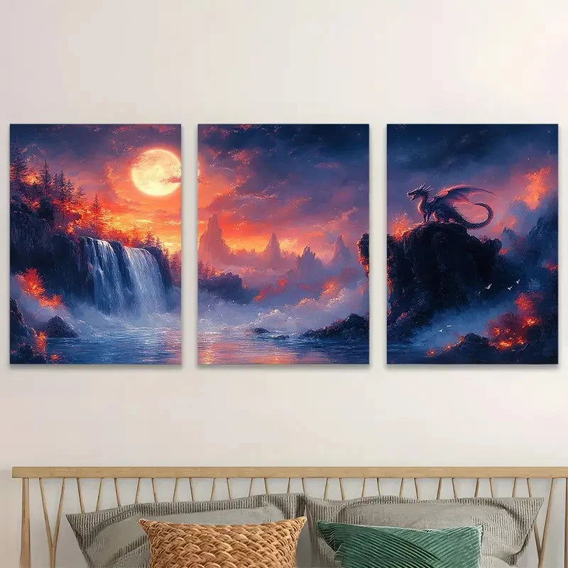 3pcs Dragon Watches Waterfall Under Fiery Moon  Wall Art Set Canvas Framed 60x90cm - High Quality Print 100% Australian Made Wall Canvas Ready to Hang - Bella Home Decor