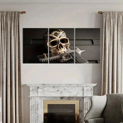 3pcs Skeleton Holding Pistol In Mouth  Wall Art Set Canvas Unframed - High Quality Print 100% Australian Made Wall Canvas
