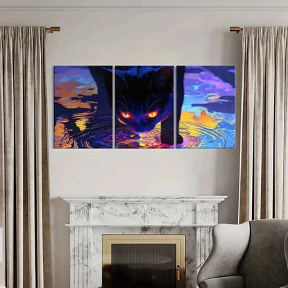 3pcs Psychedelic Abstract Aesthetic Black Cat Wall Art Set Canvas Framed 50x70cm - High Quality Print 100% Australian Made Wall Canvas Ready to Hang - Bella Home Decor