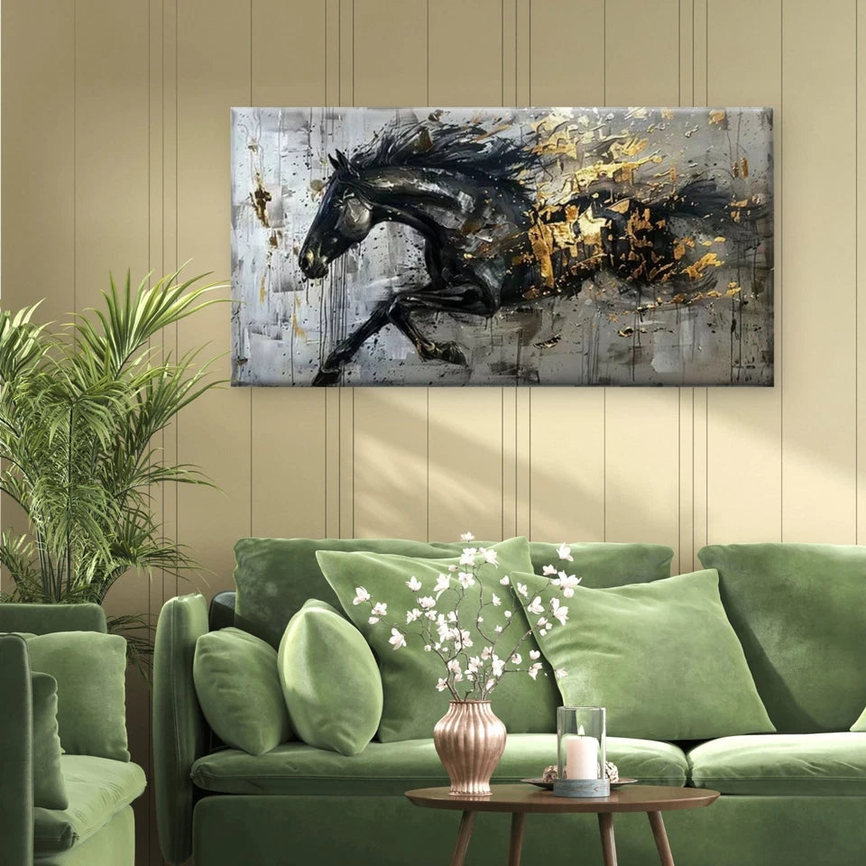 The Golden Charge Horse Wall Art Canvas Office Home Room Framed 120x60cm