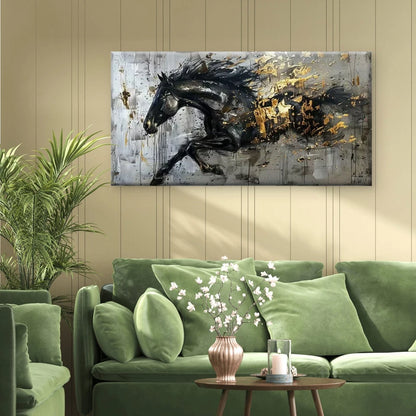 The Golden Charge Horse Wall Art Canvas Office Home Room Framed 120x60cm