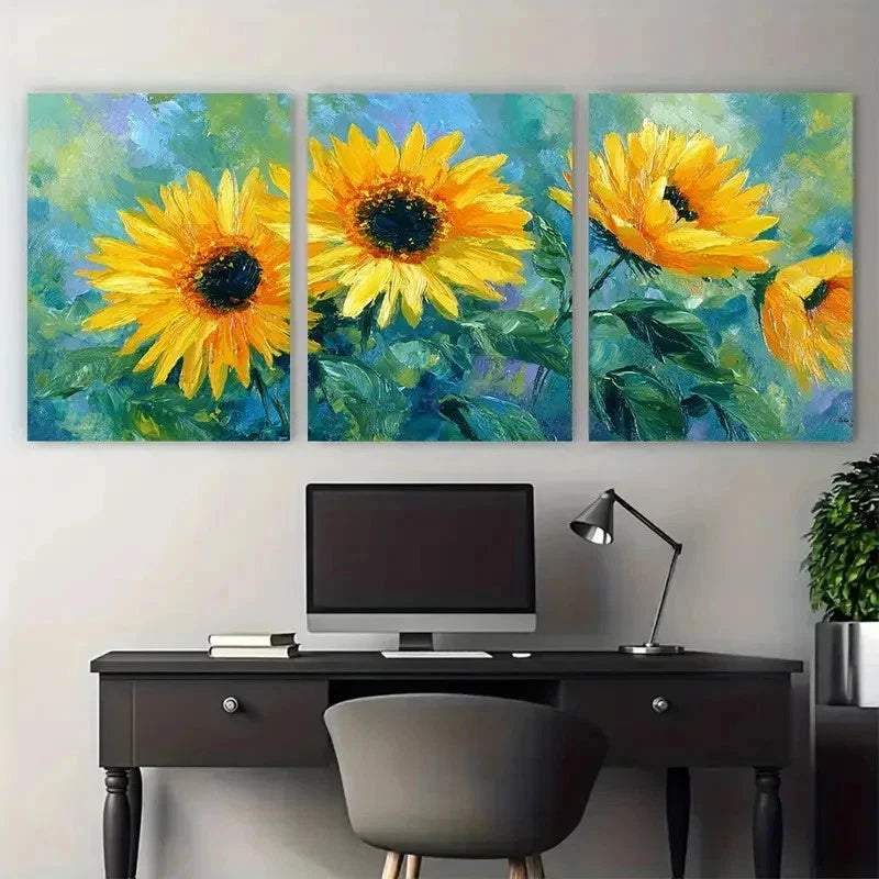 3pcs Vibrant Yellow Sunflowers Leaves Perfect Wall Art Set Canvas Framed 50x70cm - High Quality Print 100% Australian Made Wall Canvas Ready to Hang