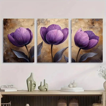 3pcs Showcasing Beige Purple Tulips Perfect Wall Art Set Canvas Framed 50x70cm - High Quality Print 100% Australian Made Wall Canvas Ready to Hang - Bella Home Decor