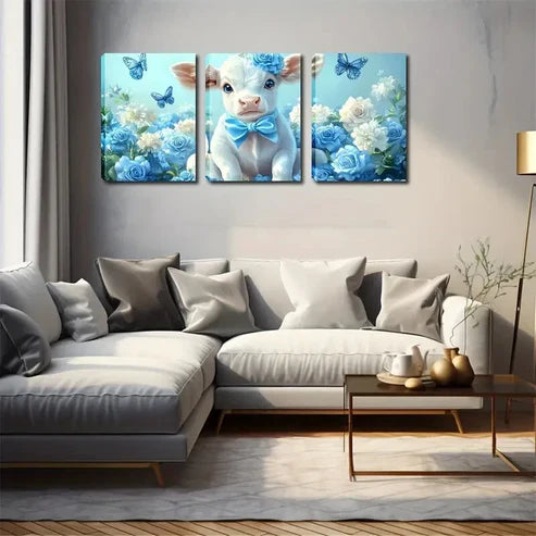 3pcs Blue Flowers Butterfly And Cute Calf  Wall Art Set Canvas Unframed - High Quality Print 100% Australian Made Wall Canvas - Bella Home Decor
