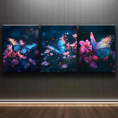 3pcs Glowing Butterfly Flowers Colorful Perfect Wall Art Set Canvas Unframed - High Quality Print 100% Australian Made Wall Canvas - Bella Home Decor