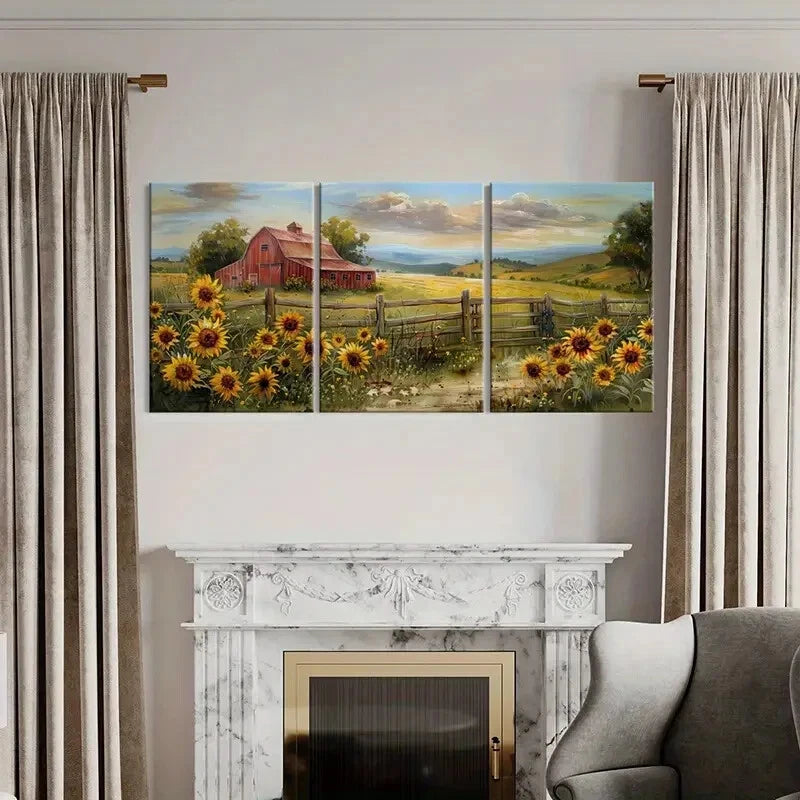 3pcs Rustic Barn Sunflowers Rolling Hills Metal Print Ready to Hang Art - Bella Home Decor