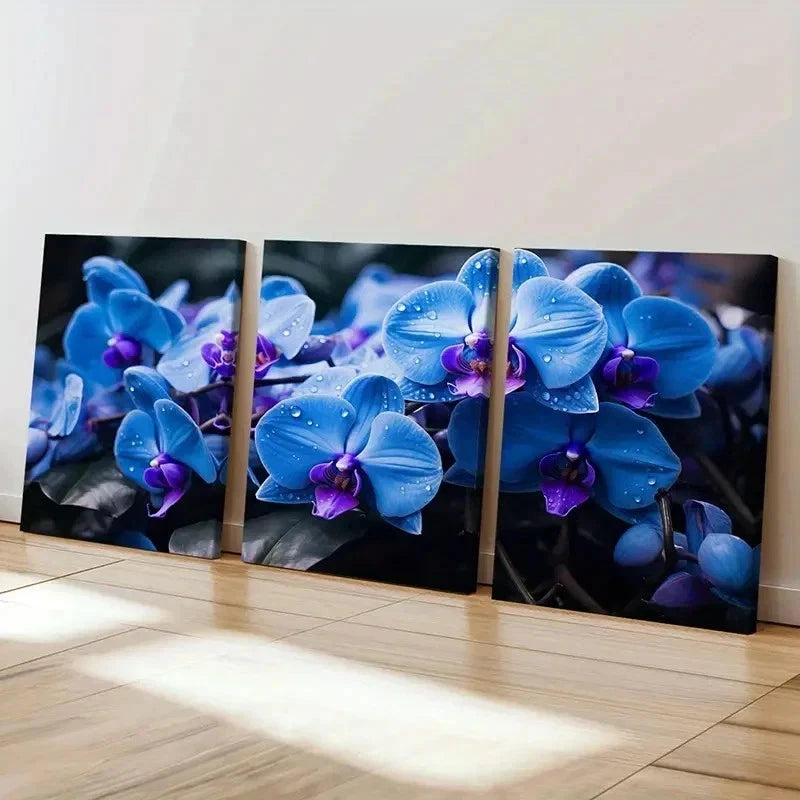 3pcs Blue Phalaenopsis Flowers with Dewdrops Wall Art Set Canvas Framed 40x60cm - High Quality Print 100% Australian Made Wall Canvas Ready to Hang - Bella Home Decor