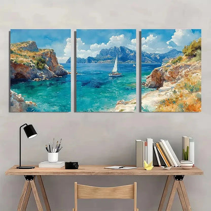 3pcs Italian Coastal Landscape with Sailboat Metal Print Ready to Hang Art - Bella Home Decor