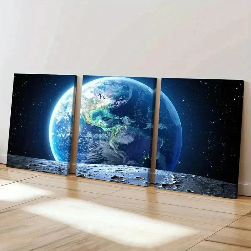 3pcs Earth from the Moon Space-Themed Decor Wall Art Set Canvas Framed 50x70cm - High Quality Print 100% Australian Made Wall Canvas Ready to Hang - Bella Home Decor
